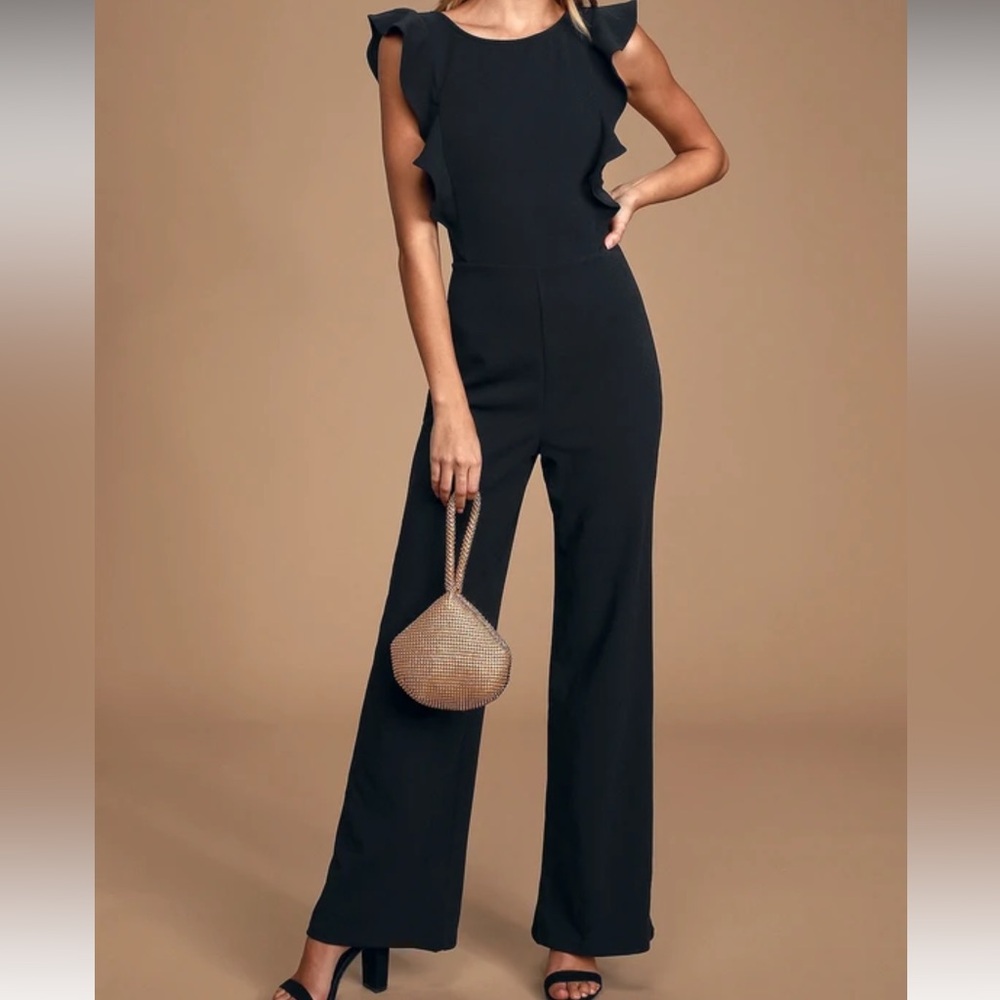 Lulus Feel Your Love Black Ruffled Wide-Leg Jumpsuit